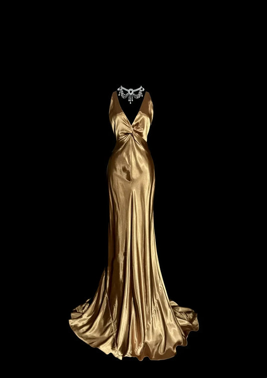 Vintage Mermaid V Neck Gold 1950s Retro Classy Satin Long Prom Dresses Party Dress 21st Birthday Outfits Graduation Dresses by YiHuiw