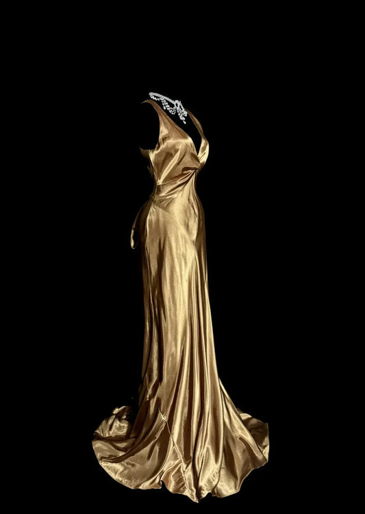 Vintage Mermaid V Neck Gold 1950s Retro Classy Satin Long Prom Dresses Party Dress 21st Birthday Outfits Graduation Dresses by YiHuiw