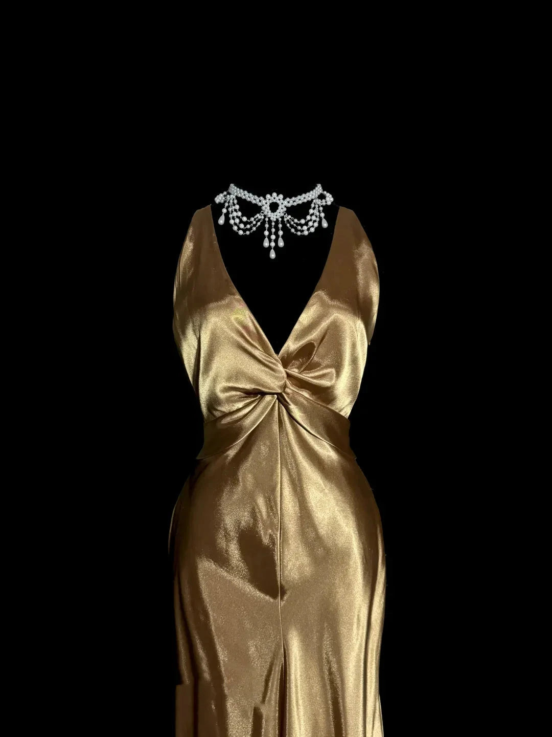 Vintage Mermaid V Neck Gold 1950s Retro Classy Satin Long Prom Dresses Party Dress 21st Birthday Outfits Graduation Dresses by YiHuiw