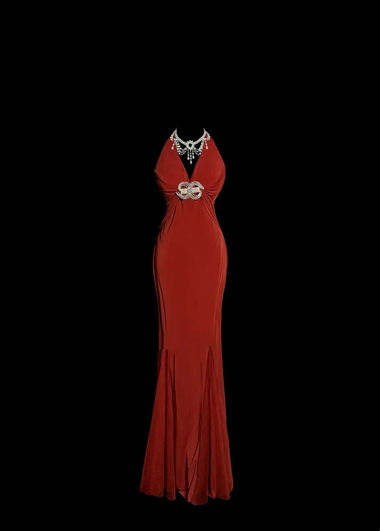 Vintage Mermaid V Neck Red 1950s Retro Classy Chiffon Long Prom Dresses Party Dress 21st Birthday Outfits Graduation Dresses by YiHuiw