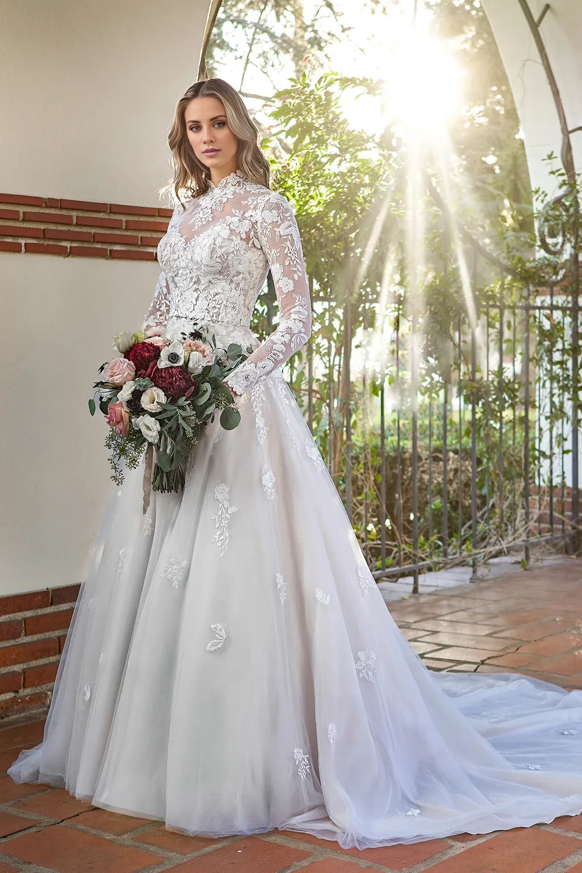 High Neck Lace Long Sleeve Open Back Floor-Length Wedding Dress - Yihuiw by Yihuiw