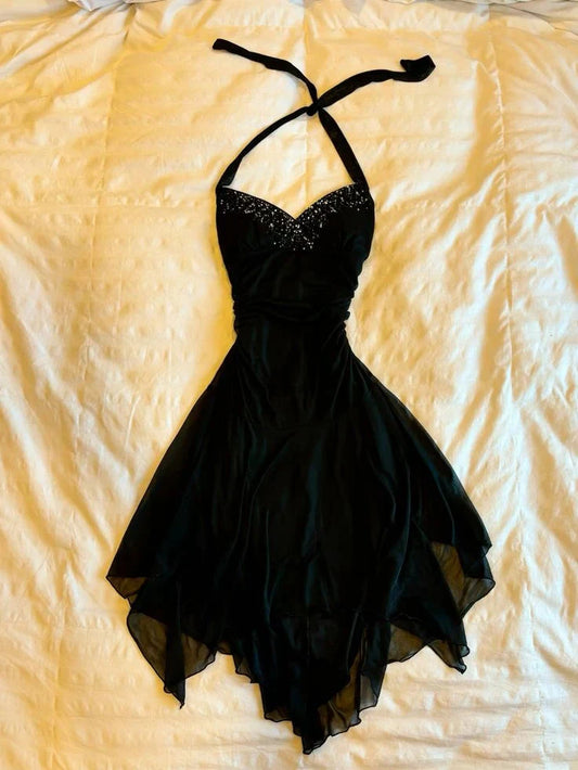 Vintage black short party dress chiffon homecoming dress simple gentle atmospheric and unique desi Brin by YiHuiw
