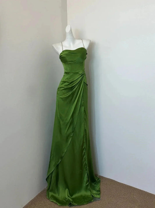 Vintage green slim shoulder strap strapless satin dress with pleated design showcasing elegant temperament by YiHuiw