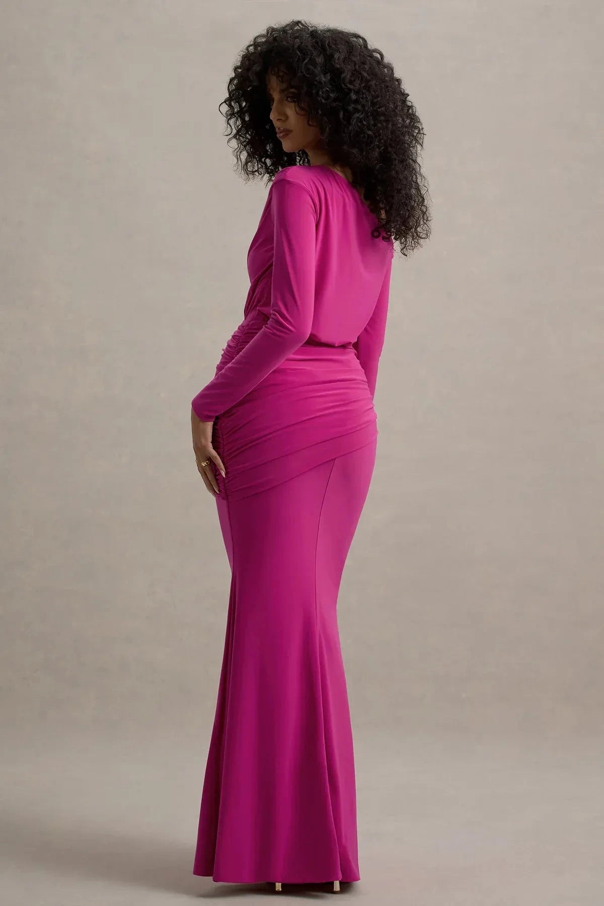 Vivid Mermaid Off Shoulder Long Sleeve Ruched Back Floor Length For Ladies Evening Dress by YiHuiw