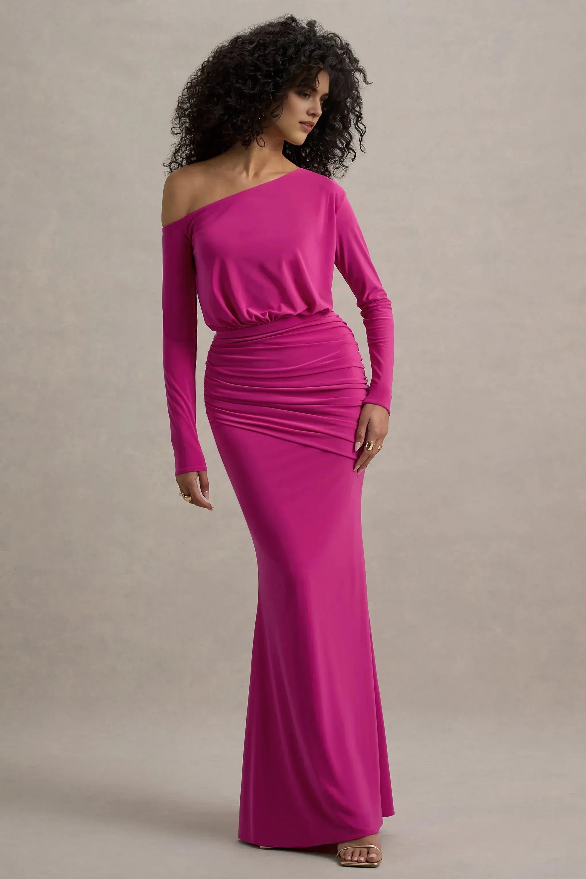 Vivid Mermaid Off Shoulder Long Sleeve Ruched Back Floor Length For Ladies Evening Dress by YiHuiw