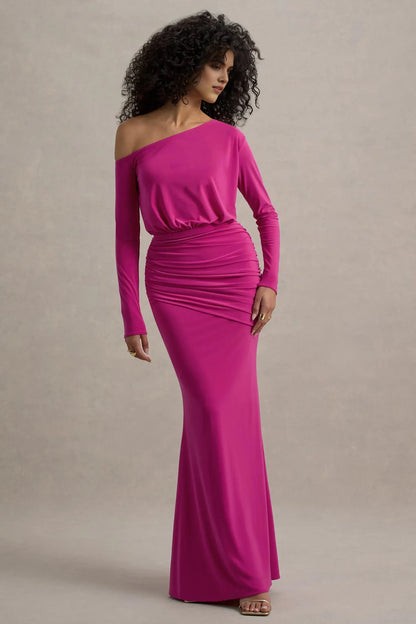 Vivid Mermaid Off Shoulder Long Sleeve Ruched Back Floor Length For Ladies Evening Dress by YiHuiw