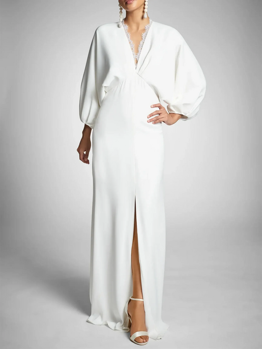 V-Neck Lace Long Sleeve High Slit Wedding Dress - Yihuiw by Yihuiw