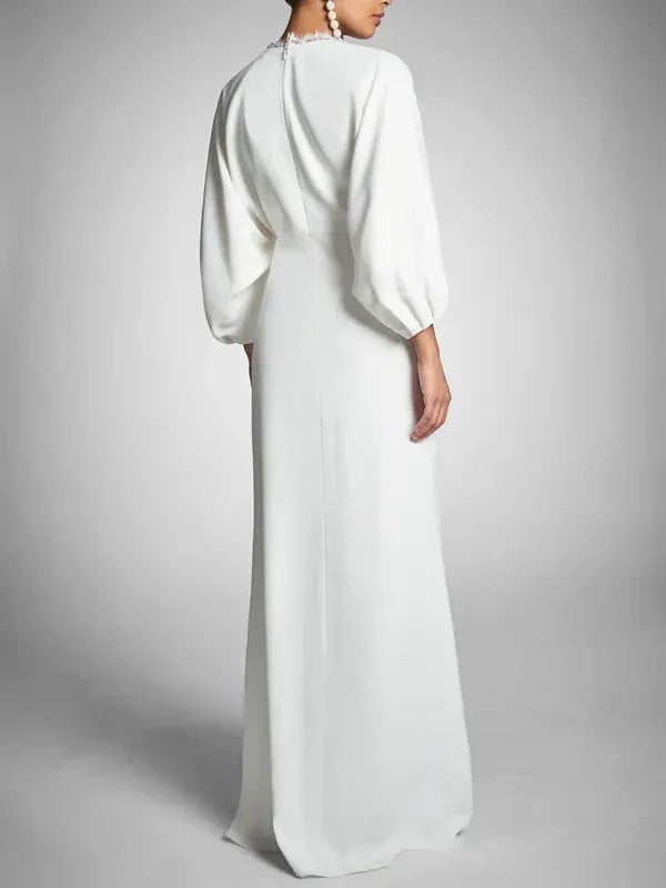 V-Neck Lace Long Sleeve High Slit Wedding Dress - Yihuiw by Yihuiw