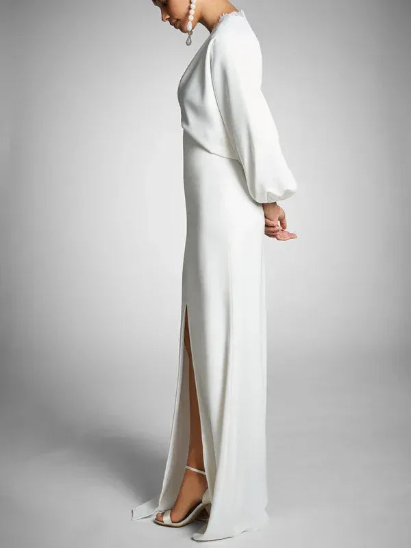 V-Neck Lace Long Sleeve High Slit Wedding Dress - Yihuiw by Yihuiw