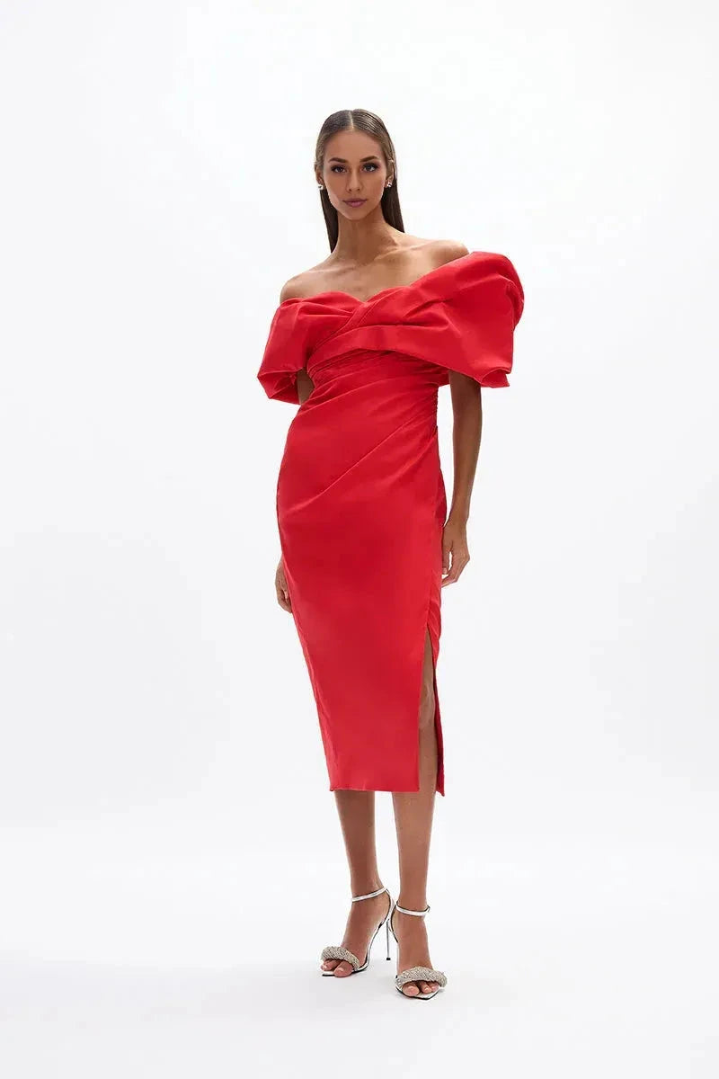 Voluminous Sheath Off the Shoulder Sleeveless Open Back High Slit Midi Length Female Prom Dress by YiHuiw