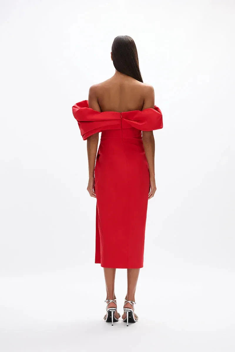Voluminous Sheath Off the Shoulder Sleeveless Open Back High Slit Midi Length Female Prom Dress by YiHuiw