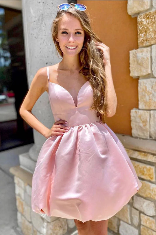 Blush Pink Satin Homecoming Dress with V-Neck and Open Back – Elegant A-Line Cocktail Mini Dress