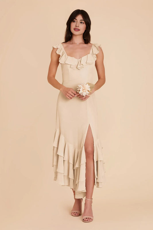 V-Neck Ruffled Midi Wedding Dress - Yihuiw by Yihuiw