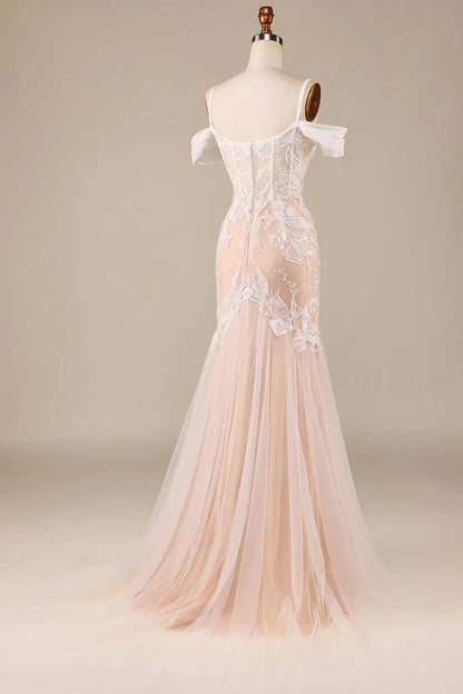 Mermaid Off-Shoulder Lace Lace-Up Back Train Floor-Length Wedding Dress - Yihuiw by Yihuiw