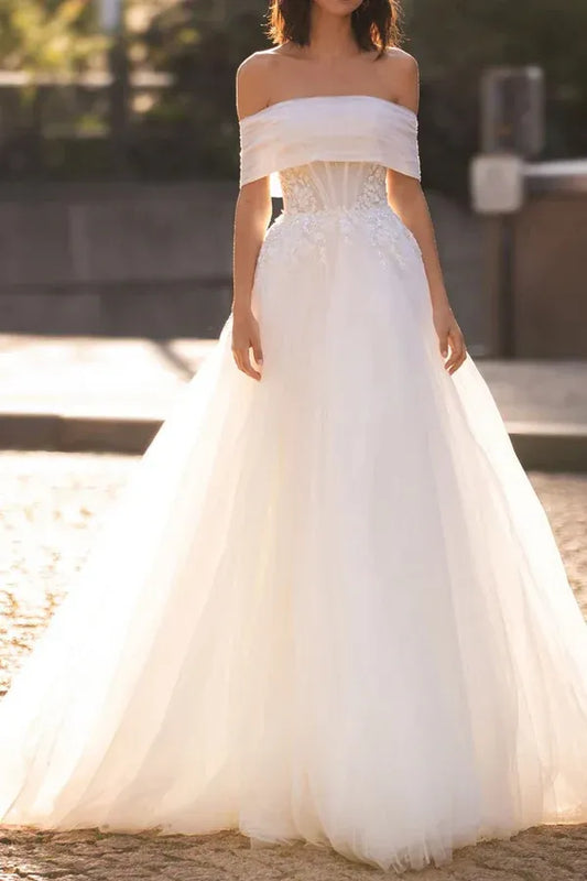 A-Line Strapless Tulle Floor-Length Wedding Dress - Yihuiw by Yihuiw