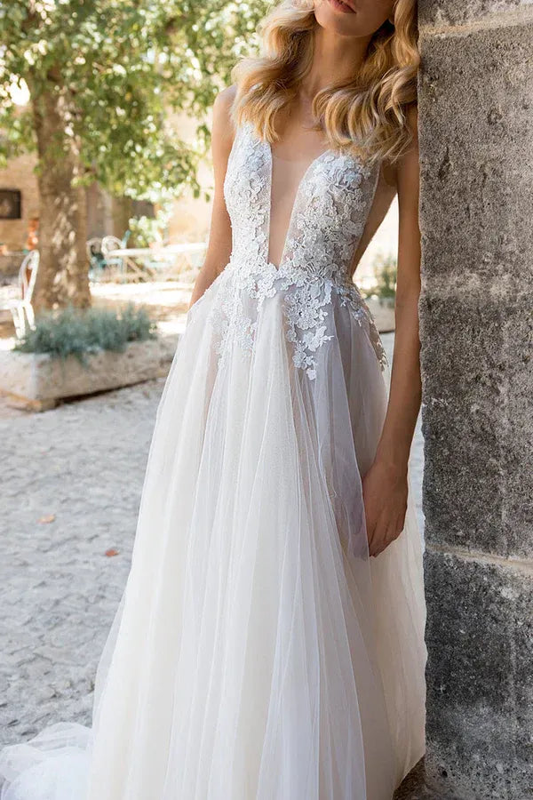 A-Line V-Neck Tulle Floor-Length Wedding Dress - Yihuiw by Yihuiw