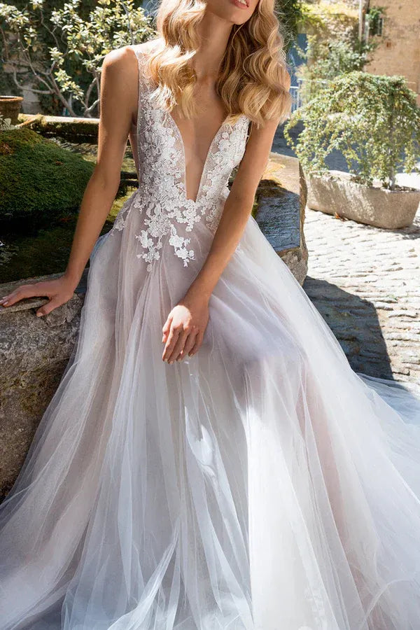 A-Line V-Neck Tulle Floor-Length Wedding Dress - Yihuiw by Yihuiw