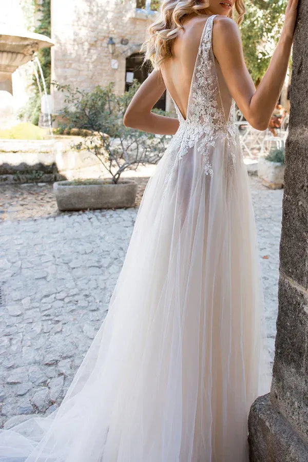 A-Line V-Neck Tulle Floor-Length Wedding Dress - Yihuiw by Yihuiw