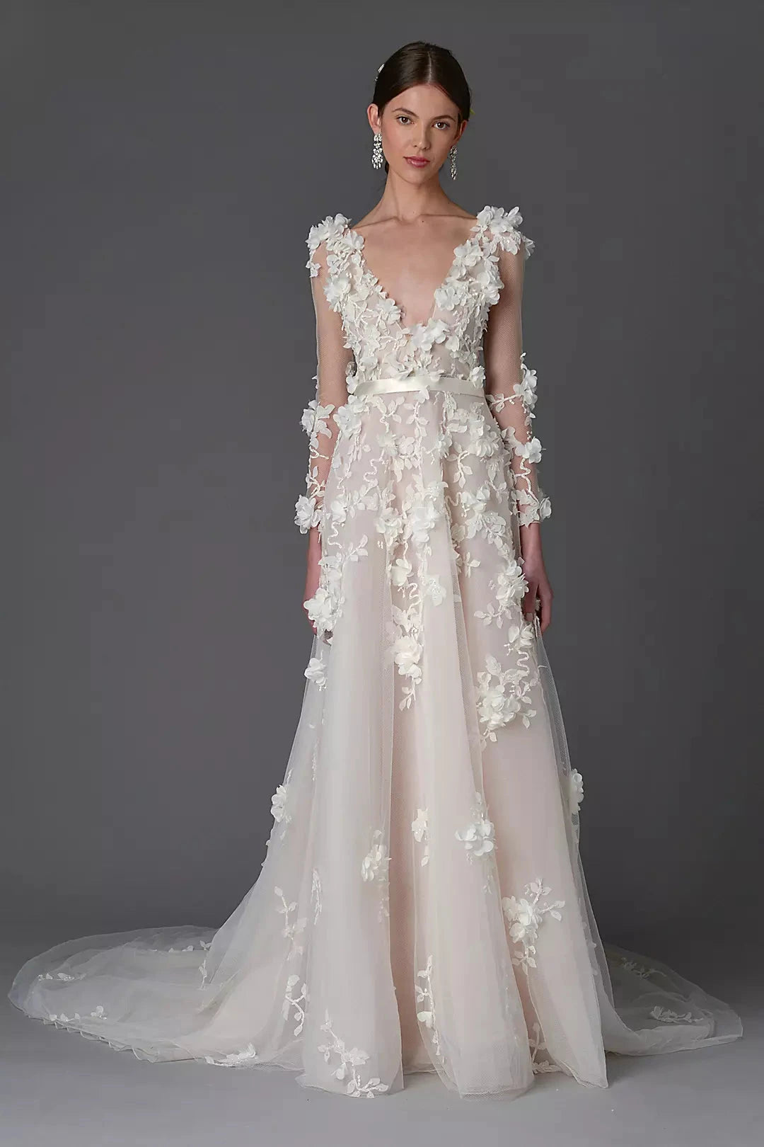Whimsical A-Line Deep V-Neck 3D Floral Long-Sleeve Satin-Bow Back Train Wedding Dress by YiHuiw