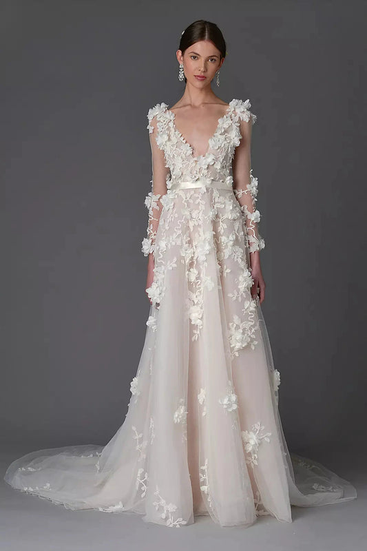 Whimsical A-Line Deep V-Neck 3D Floral Long-Sleeve Satin-Bow Back Train Wedding Dress by YiHuiw