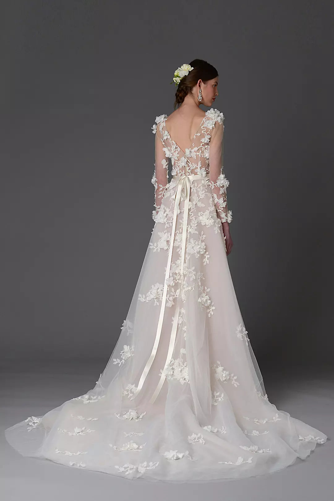 Whimsical A-Line Deep V-Neck 3D Floral Long-Sleeve Satin-Bow Back Train Wedding Dress