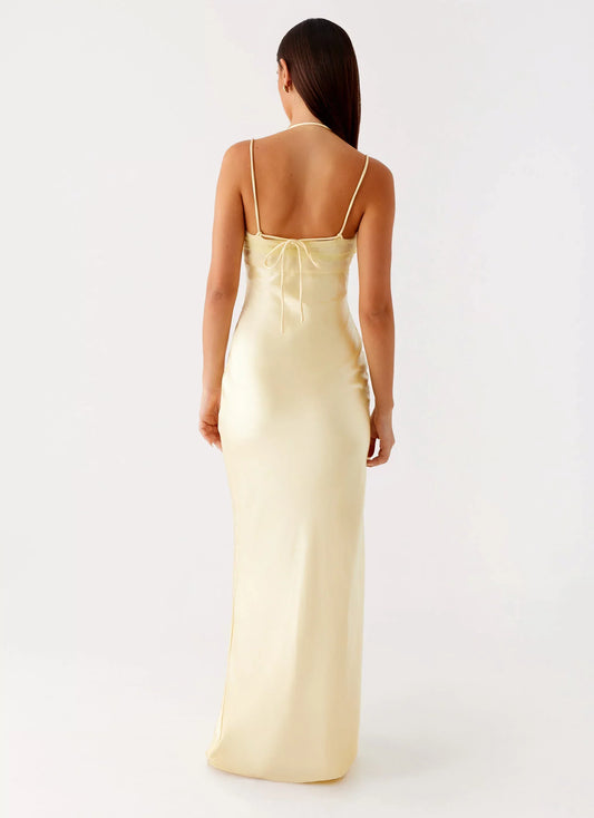 Whimsical Mermaid Halter Neck Sleeveless Tie-Back Satin Floor-Length Prom Dress