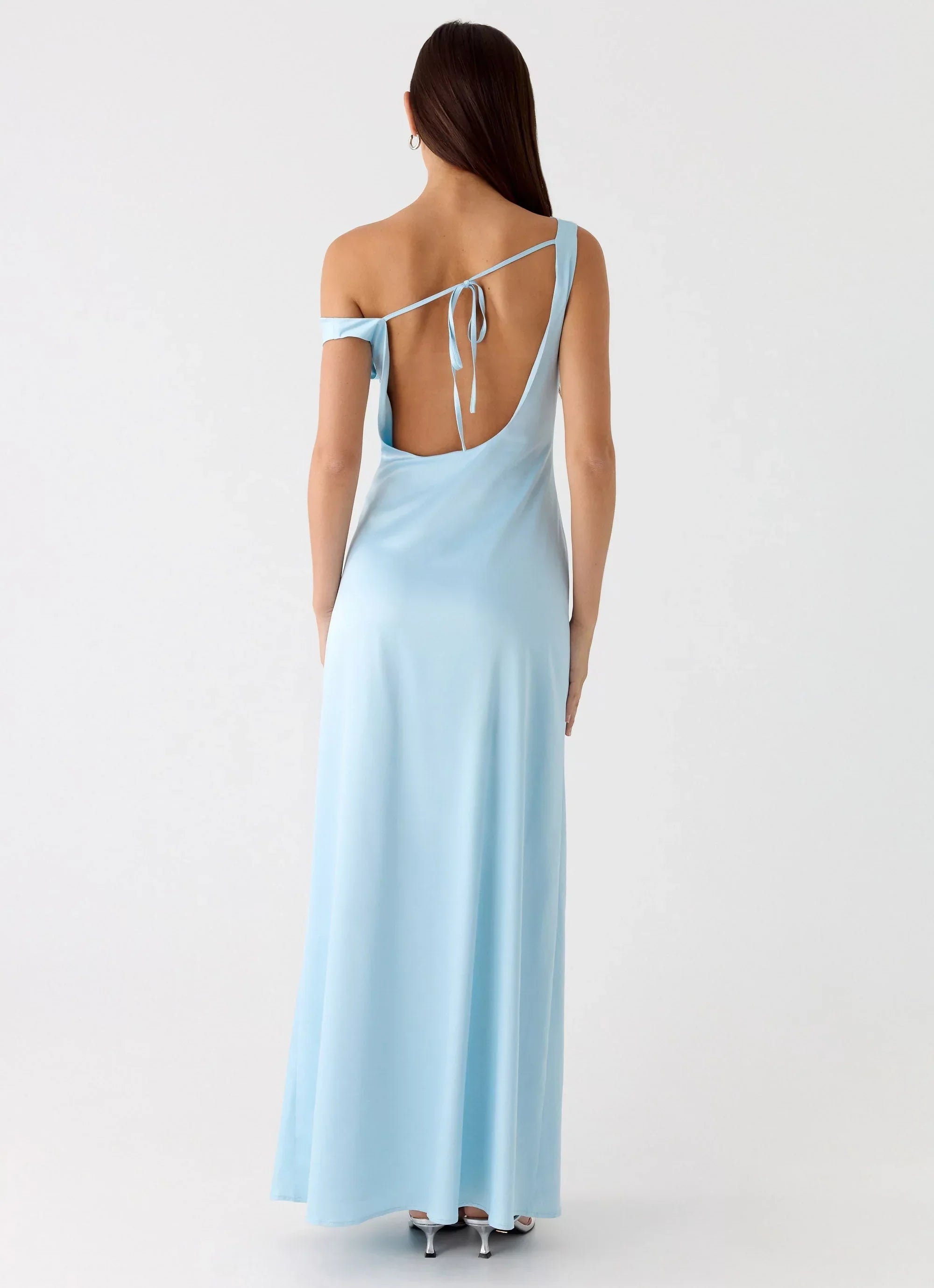 Whimsical One-Shoulder Neck Sleeveless Open-Back Satin Floor-Length Prom Dress