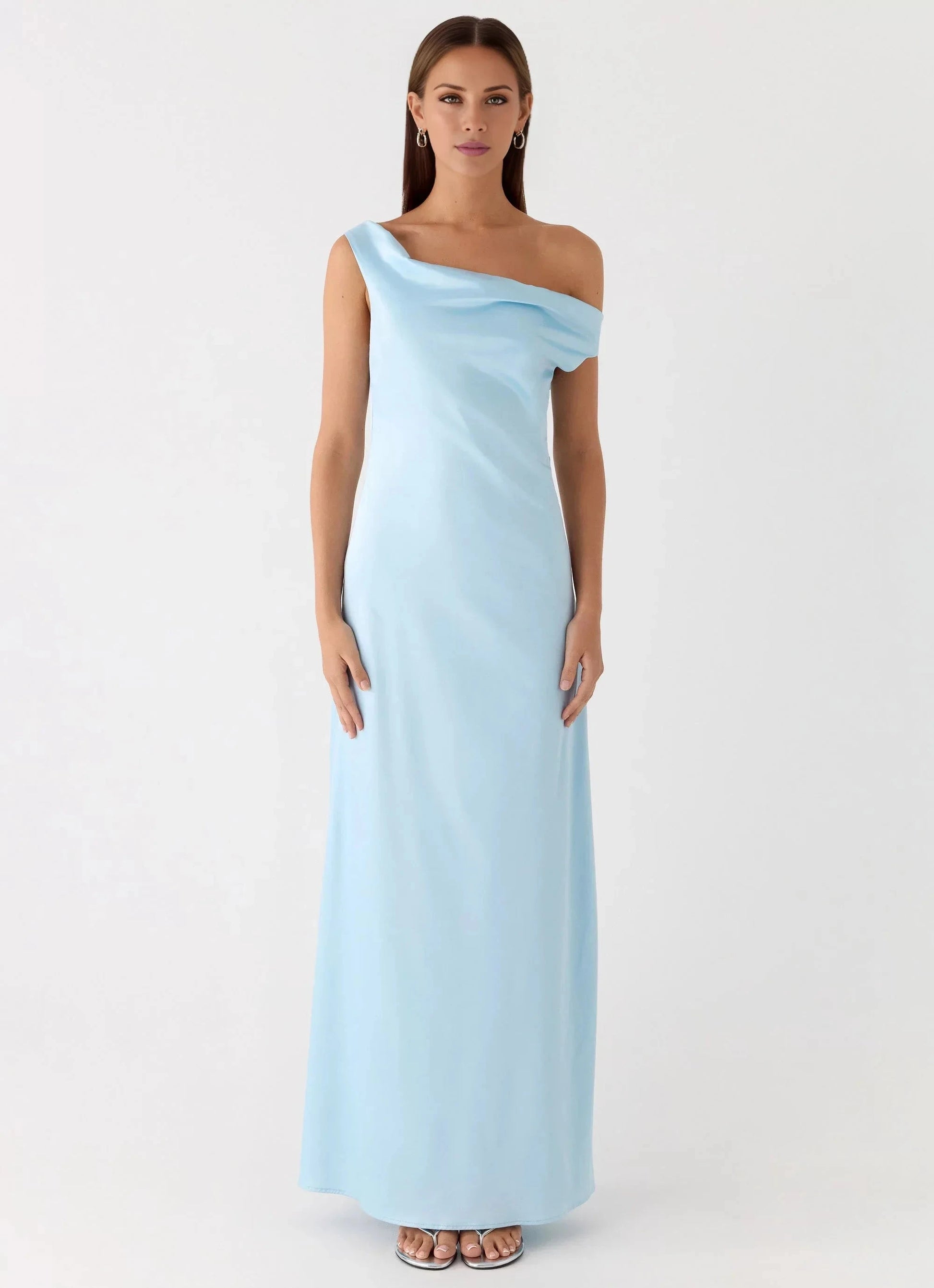 Whimsical One-Shoulder Neck Sleeveless Open-Back Satin Floor-Length Prom Dress by YiHuiw