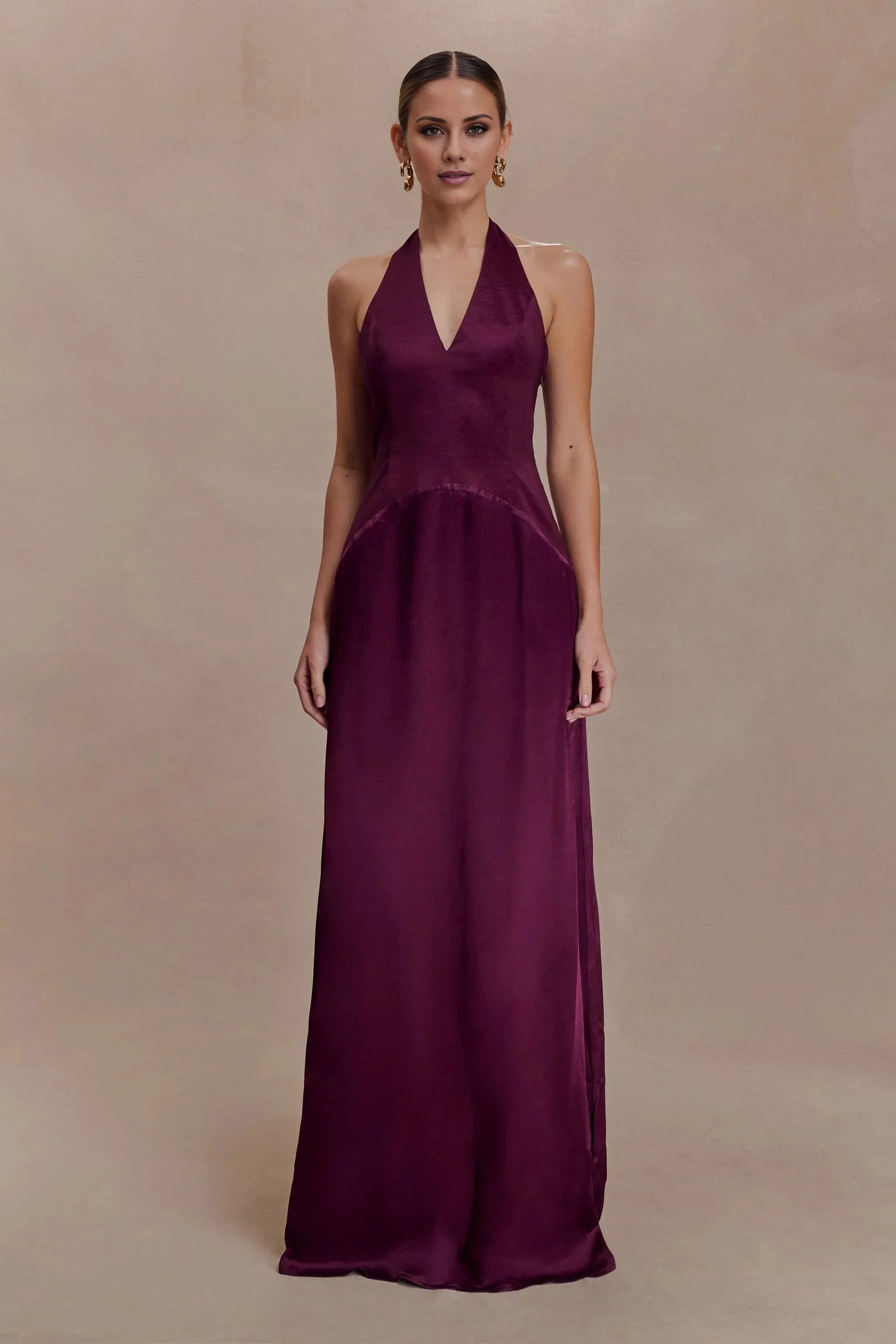 Whimsical Satin Halter-Neck Sleeveless Open-Back Flowy Floor-Length Evening Dress by YiHuiw
