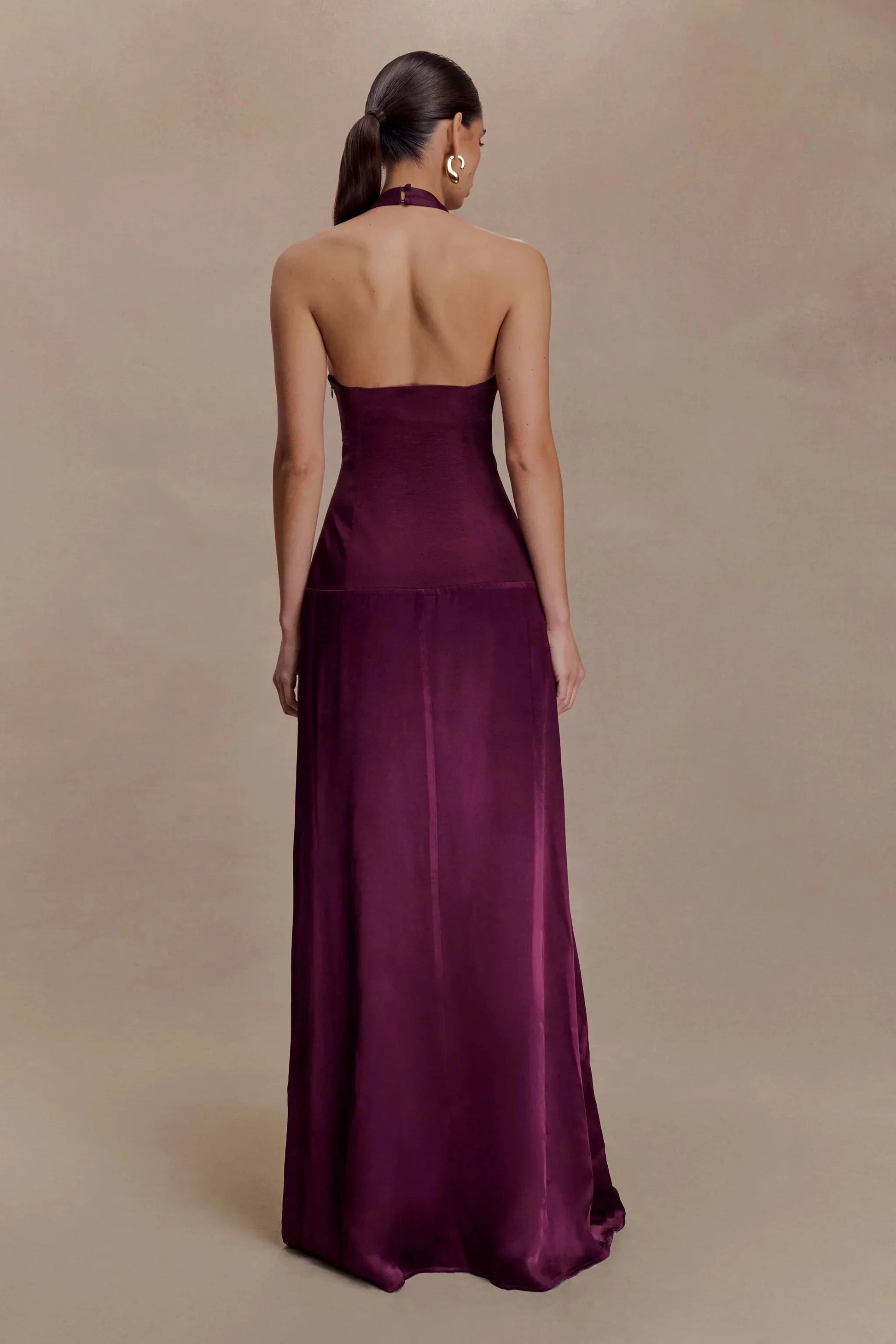 Whimsical Satin Halter-Neck Sleeveless Open-Back Flowy Floor-Length Evening Dress by YiHuiw