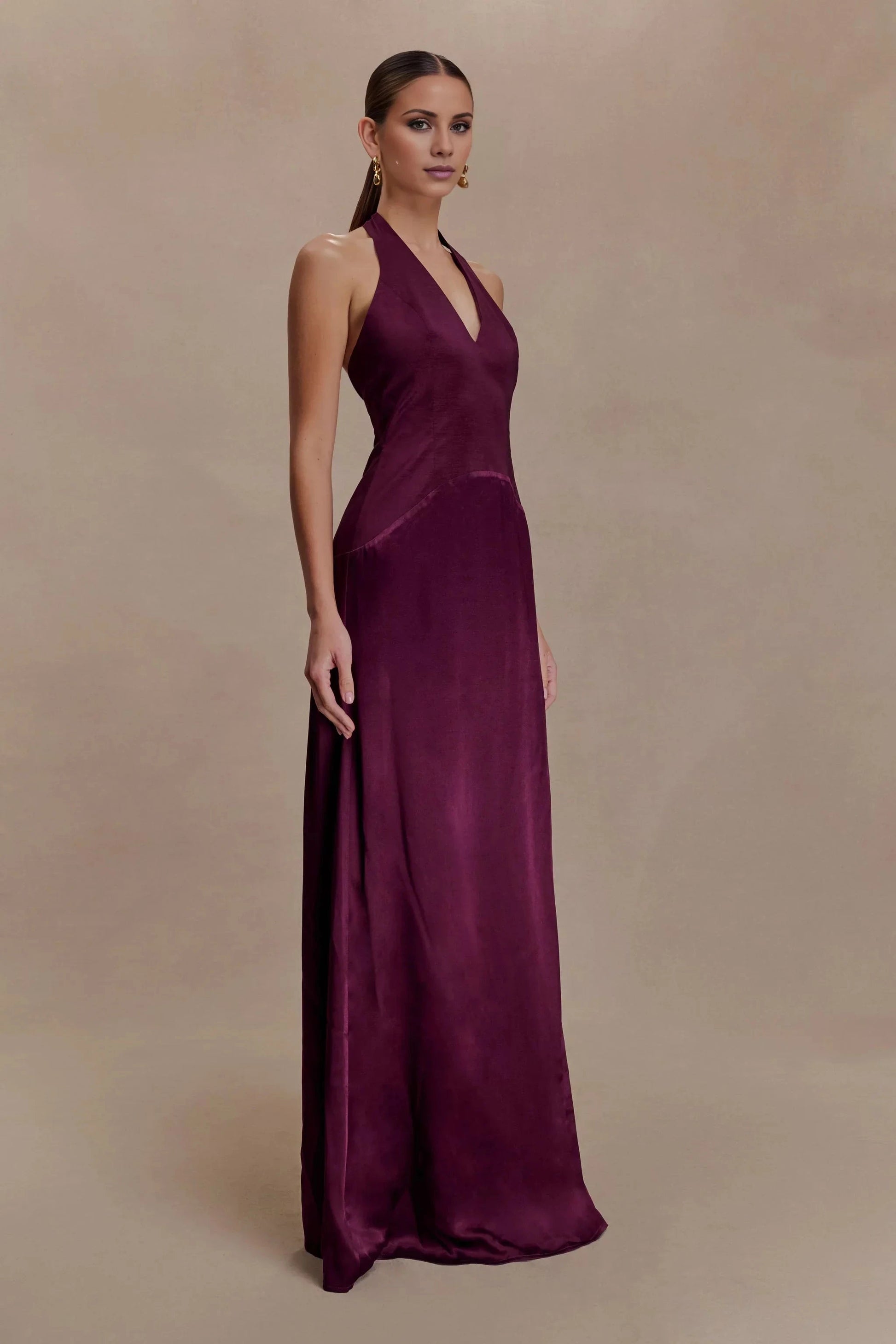 Whimsical Satin Halter-Neck Sleeveless Open-Back Flowy Floor-Length Evening Dress by YiHuiw