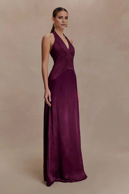 Whimsical Satin Halter-Neck Sleeveless Open-Back Flowy Floor-Length Evening Dress by YiHuiw
