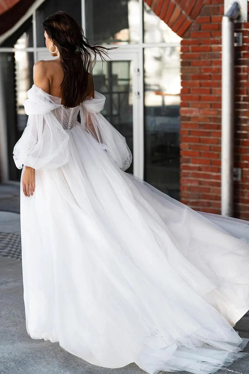 Whimsical Tulle Ballgown Off-the-Shoulder Puff-Sleeve Lace-Bodice High-Slit Train Wedding Dress by YiHuiw