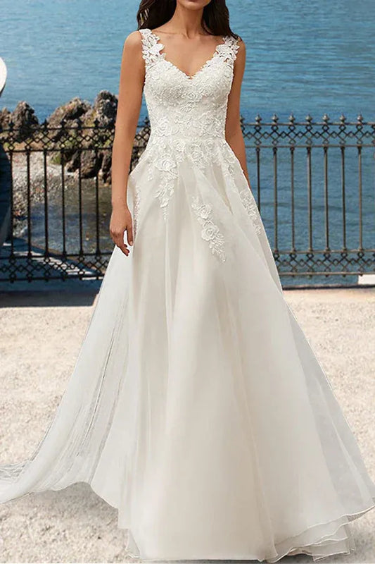 A-Line V-Neck Floor-Length Wedding Dress - Yihuiw by Yihuiw