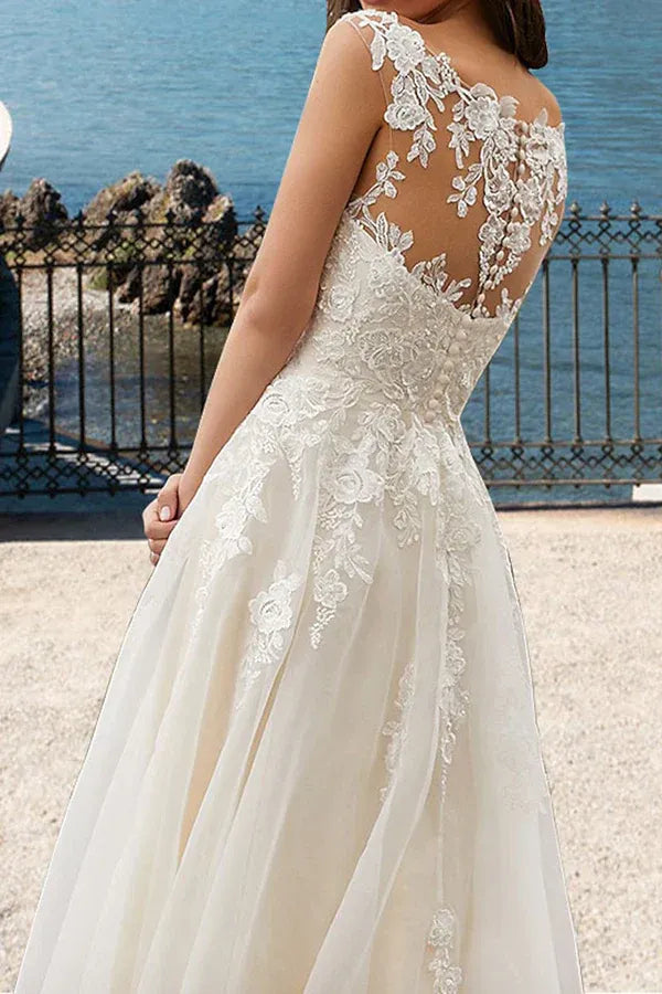 A-Line V-Neck Floor-Length Wedding Dress - Yihuiw by Yihuiw
