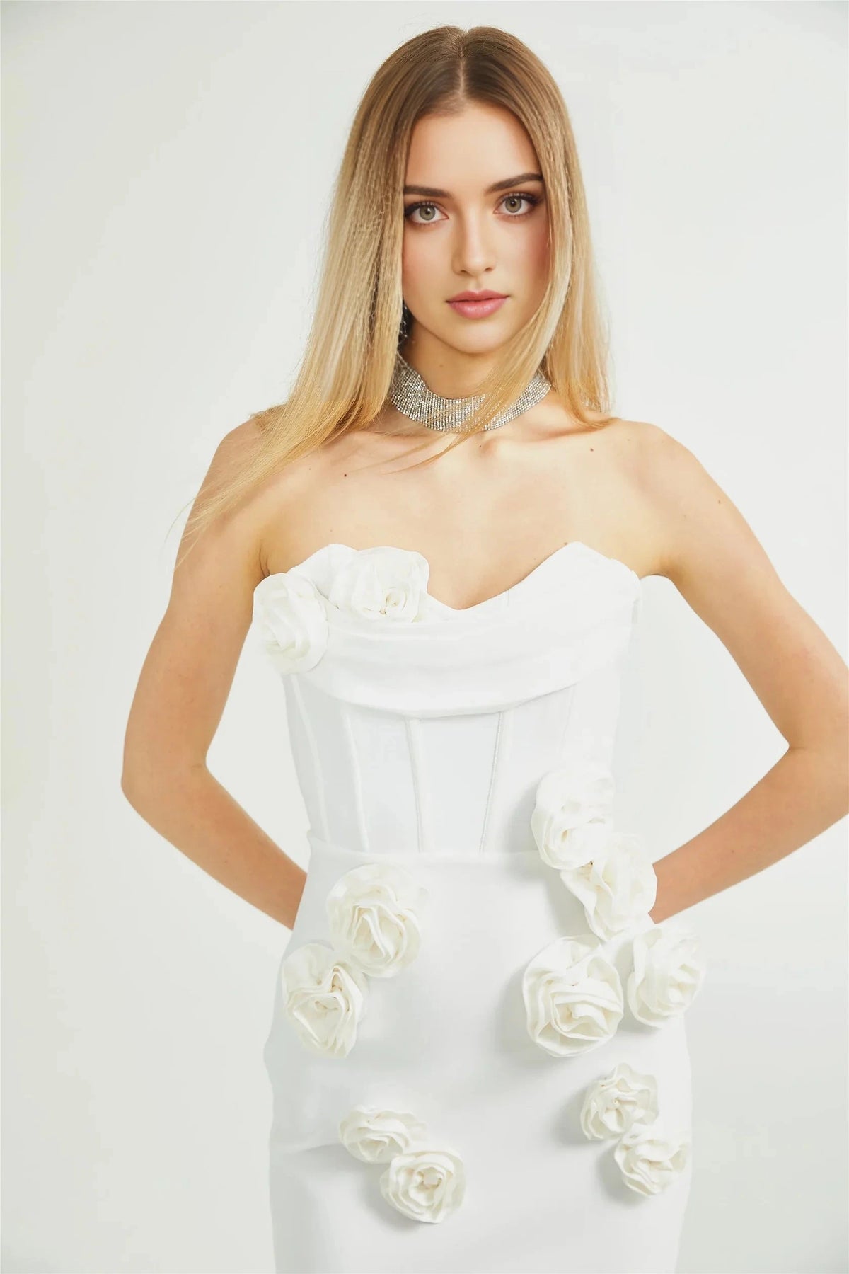 White 3D Floral Strapless Maxi Dress off-shoulder floral dress Evening Dress by YiHuiw