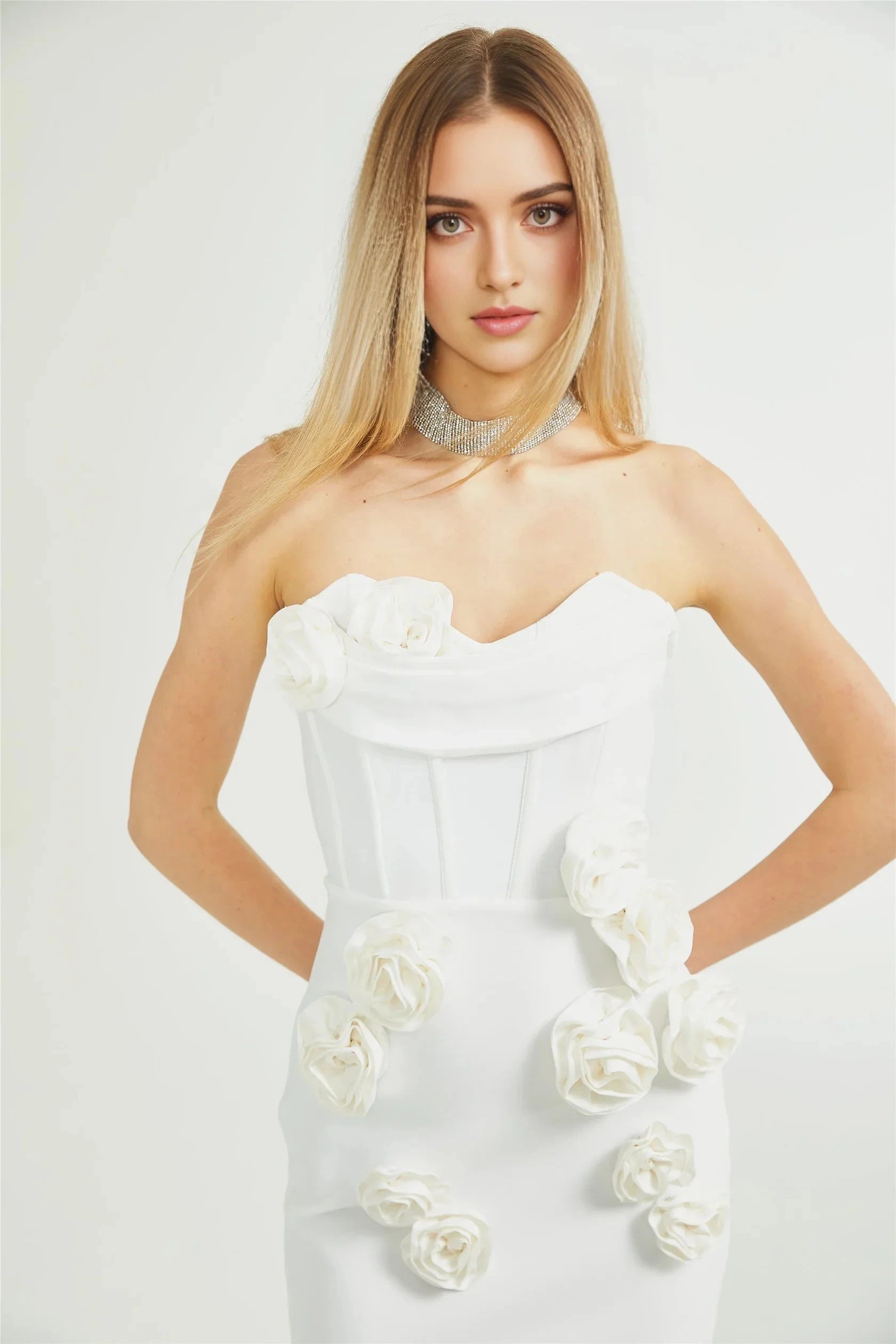 White 3D Floral Strapless Maxi Dress off-shoulder floral dress Evening Dress by YiHuiw