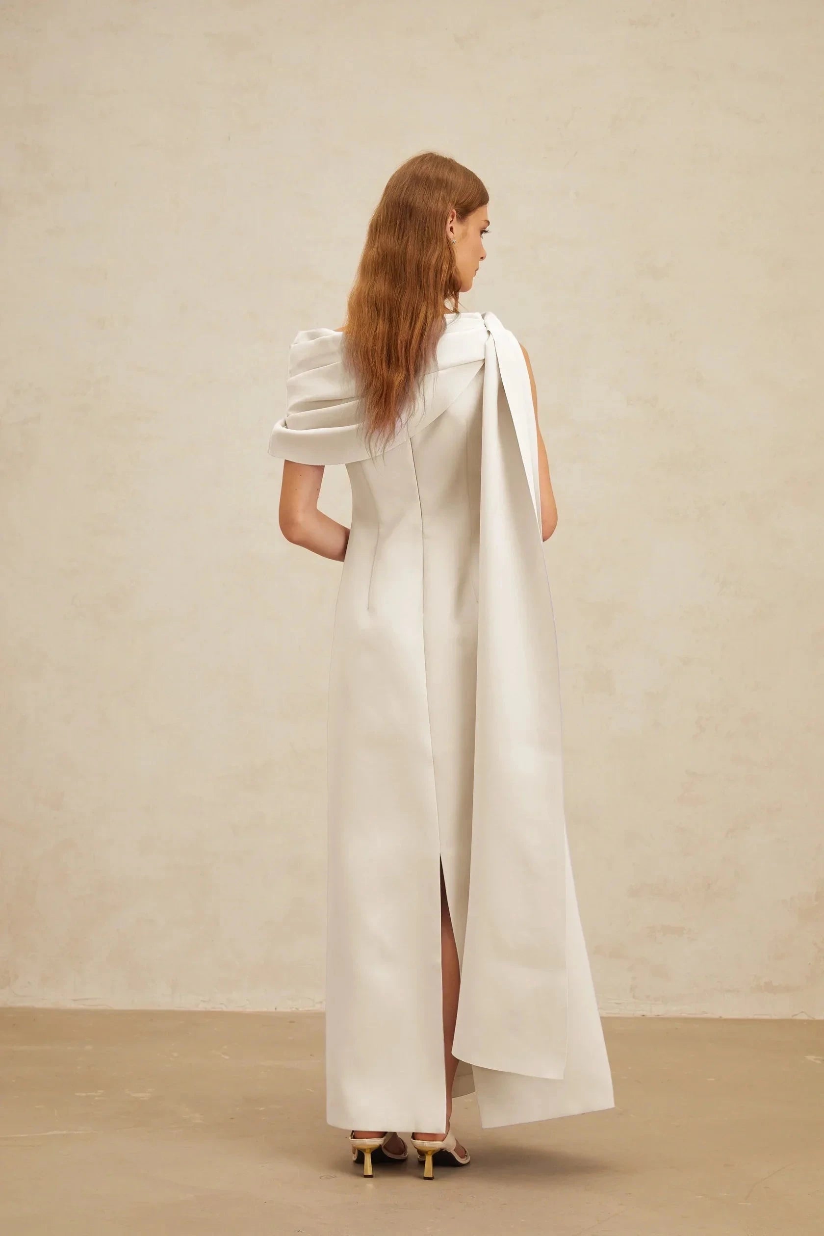 White Asymmetrical Drape Maxi Dress with Side Slit Annabelle White Cape-Design Ribbon Maxi Dress Evening Dress by YiHuiw