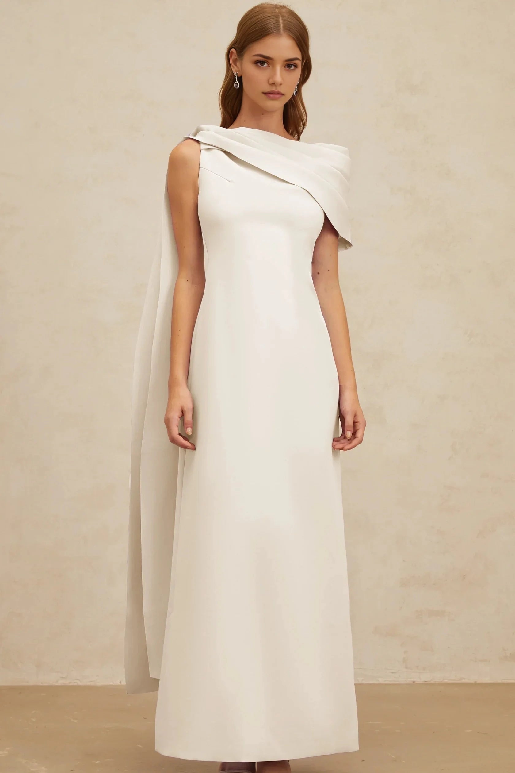 White Asymmetrical Drape Maxi Dress with Side Slit Annabelle White Cape-Design Ribbon Maxi Dress Evening Dress by YiHuiw