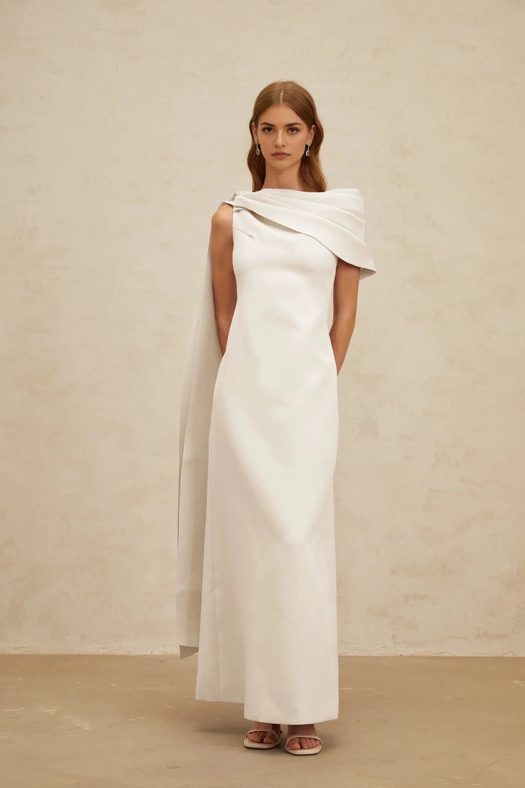White Asymmetrical Drape Maxi Dress with Side Slit Annabelle White Cape-Design Ribbon Maxi Dress Evening Dress by YiHuiw