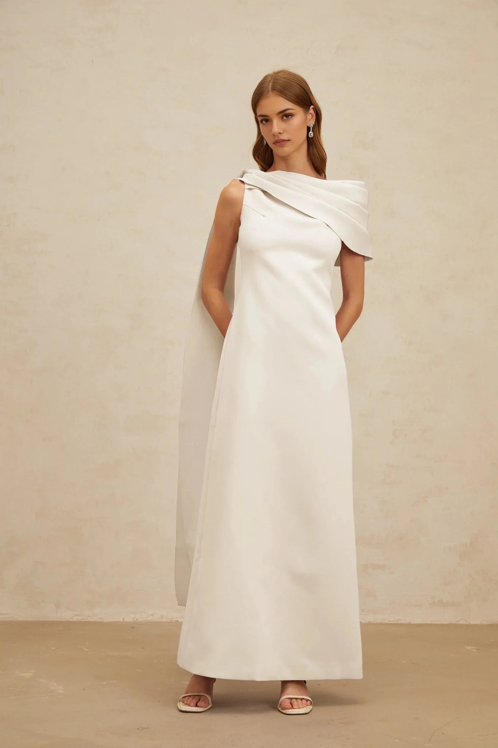 White Asymmetrical Drape Maxi Dress with Side Slit Annabelle White Cape-Design Ribbon Maxi Dress Evening Dress by YiHuiw