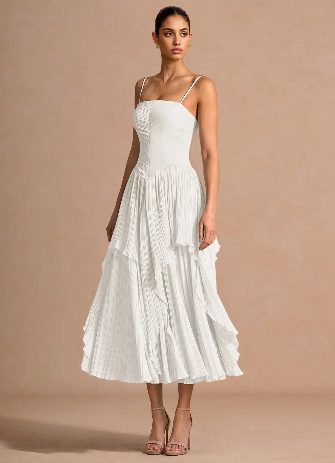 White Strapless Ruffled Midi Wedding Dress - Yihuiw by Yihuiw