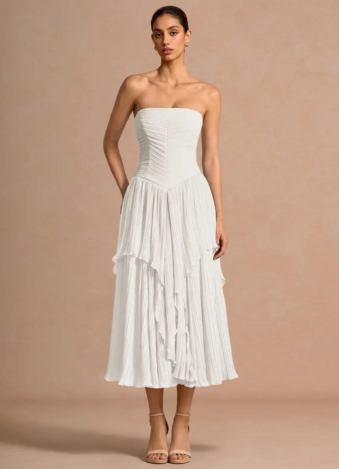 White Strapless Ruffled Midi Wedding Dress - Yihuiw by Yihuiw