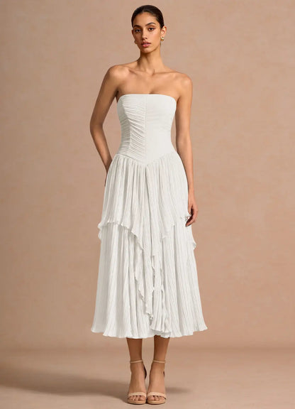 White Strapless Ruffled Midi Wedding Dress - Yihuiw by Yihuiw