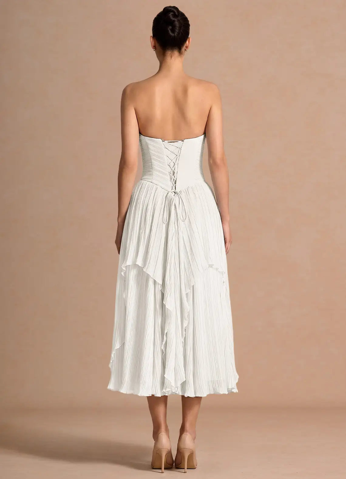 White Strapless Ruffled Midi Wedding Dress - Yihuiw by Yihuiw