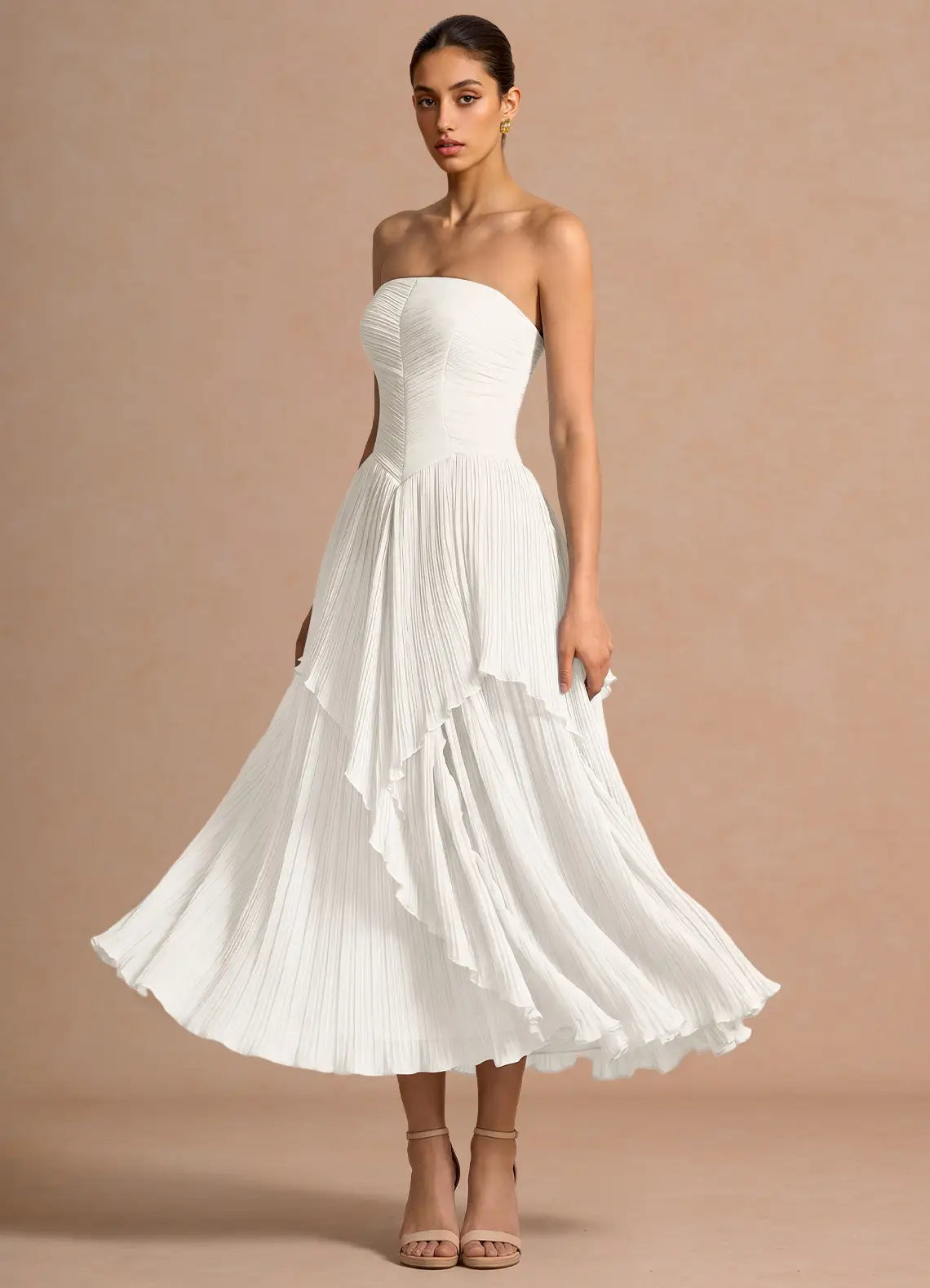 White Strapless Ruffled Midi Wedding Dress - Yihuiw by Yihuiw