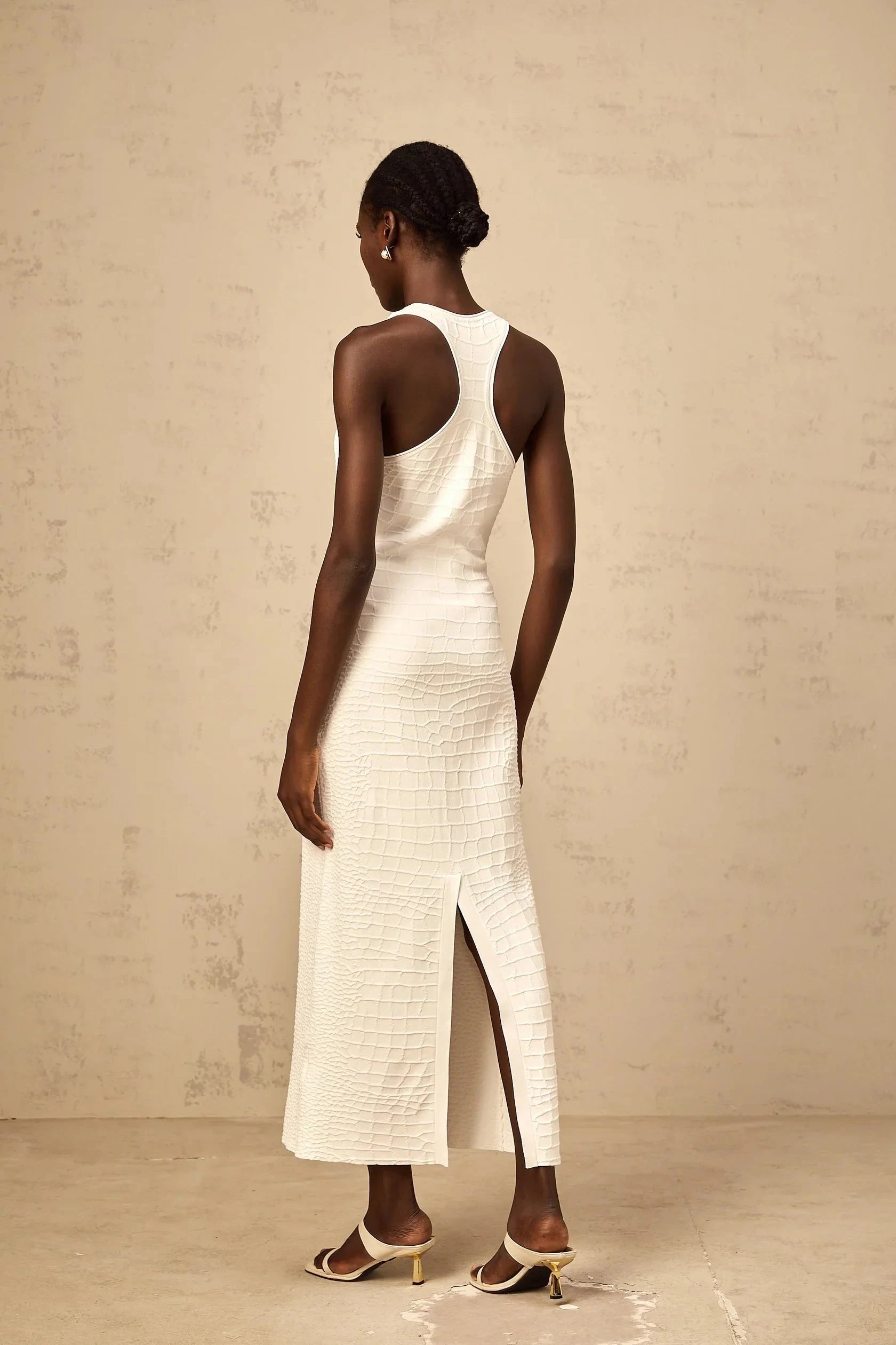 White Crocodile - Textured Racerback Midi Dress white textured jacquard tank midi dress Evening Dress by YiHuiw