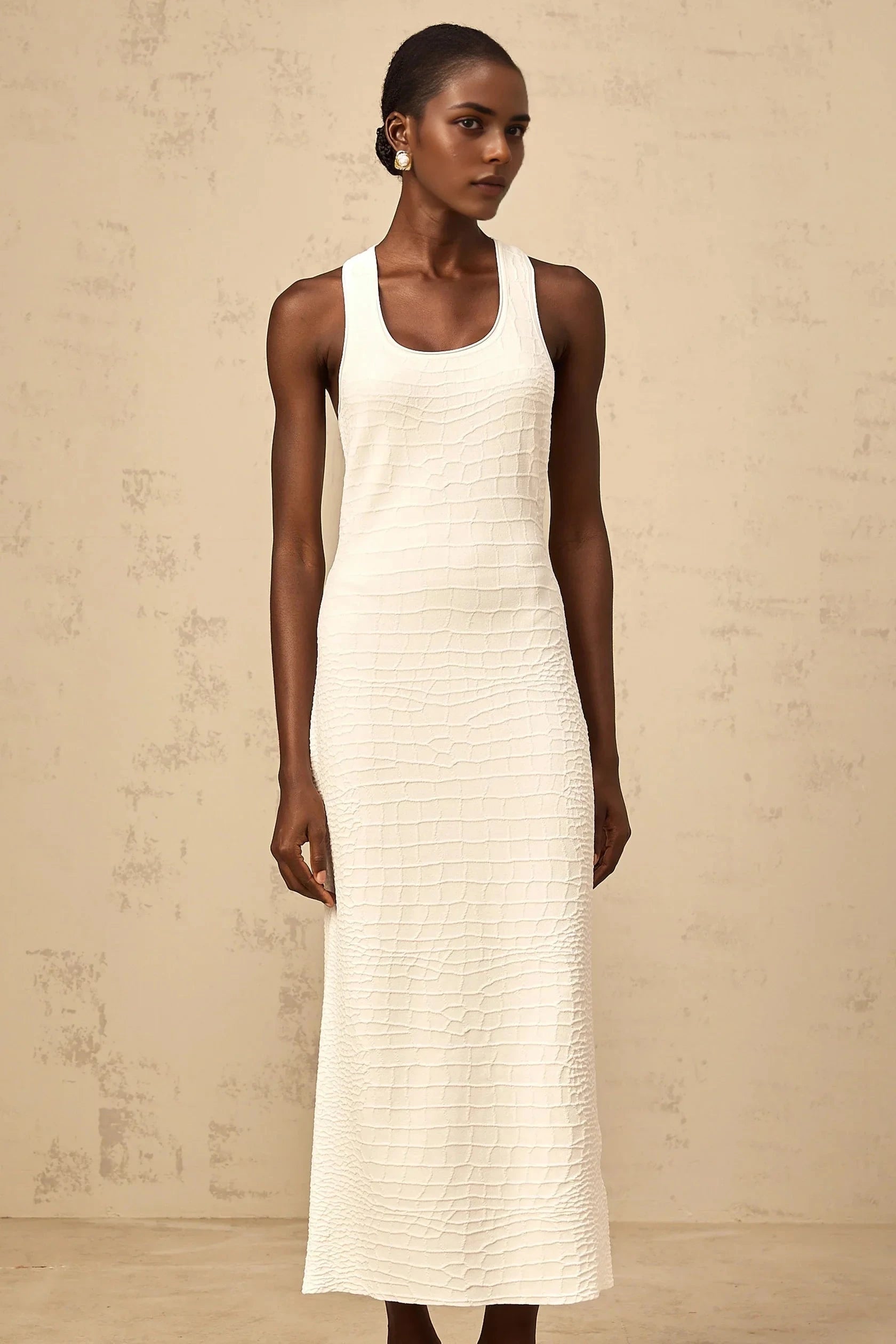 White Crocodile - Textured Racerback Midi Dress white textured jacquard tank midi dress Evening Dress by YiHuiw