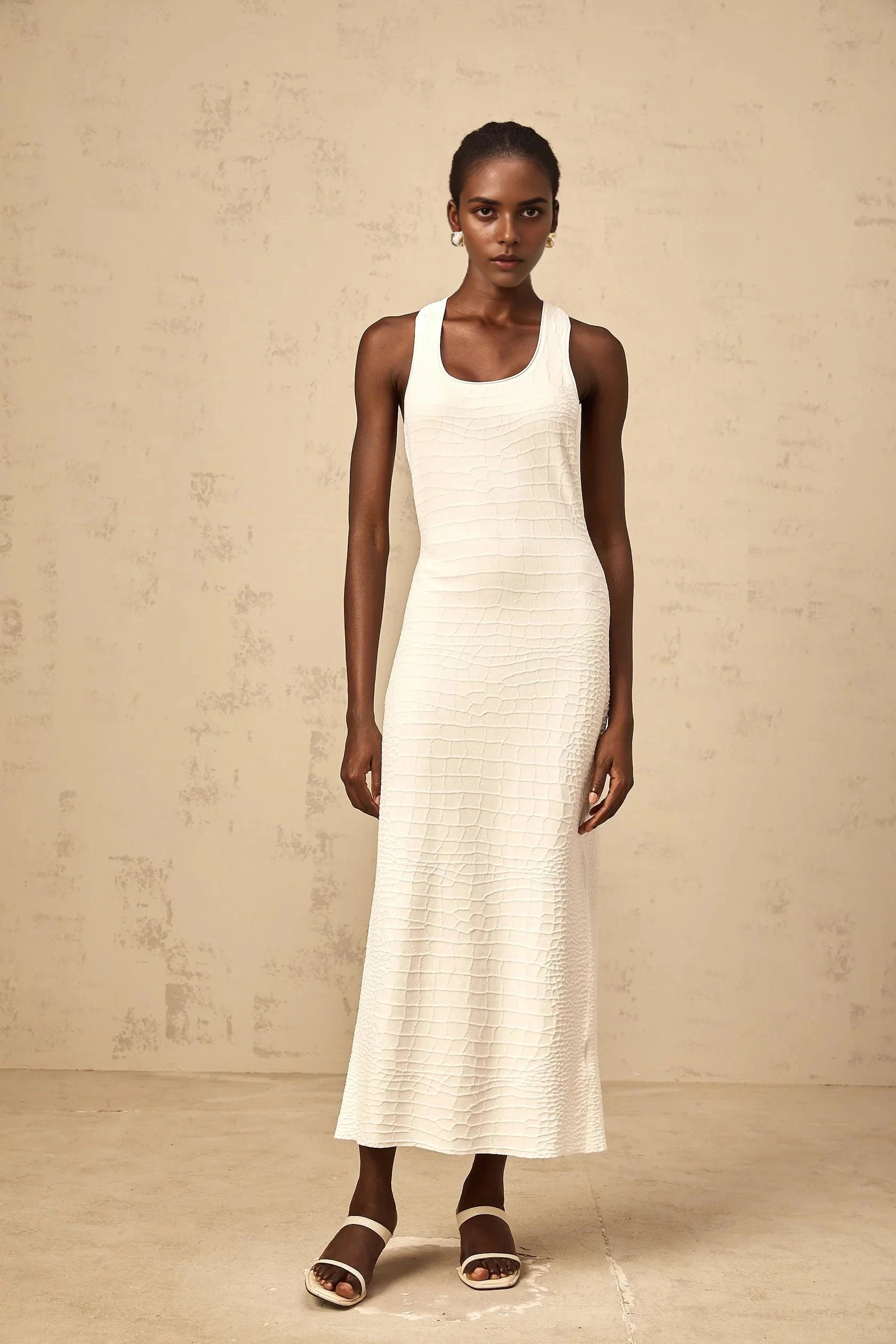 White Crocodile - Textured Racerback Midi Dress white textured jacquard tank midi dress Evening Dress by YiHuiw