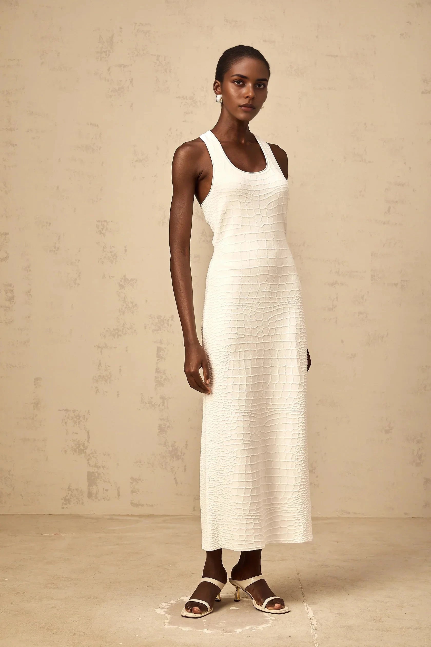 White Crocodile - Textured Racerback Midi Dress white textured jacquard tank midi dress Evening Dress by YiHuiw